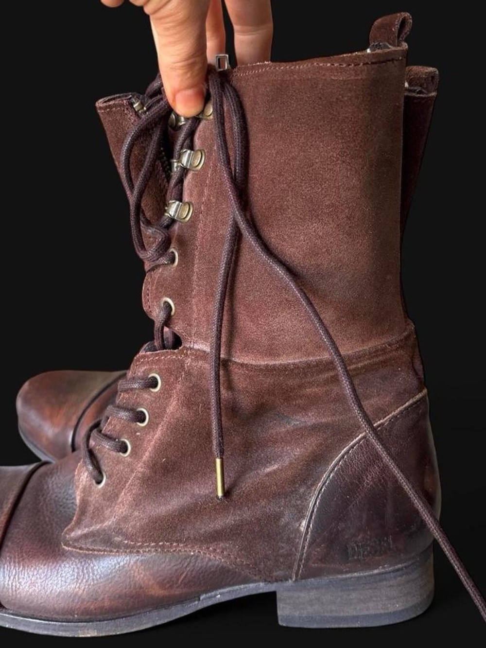 Diesel Brown Suede & Leather Lace-Up Combat Boots